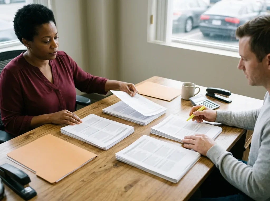 Dealership controller and technology advisor sorting printed vendor invoices into piles on a desk to build an IT budget