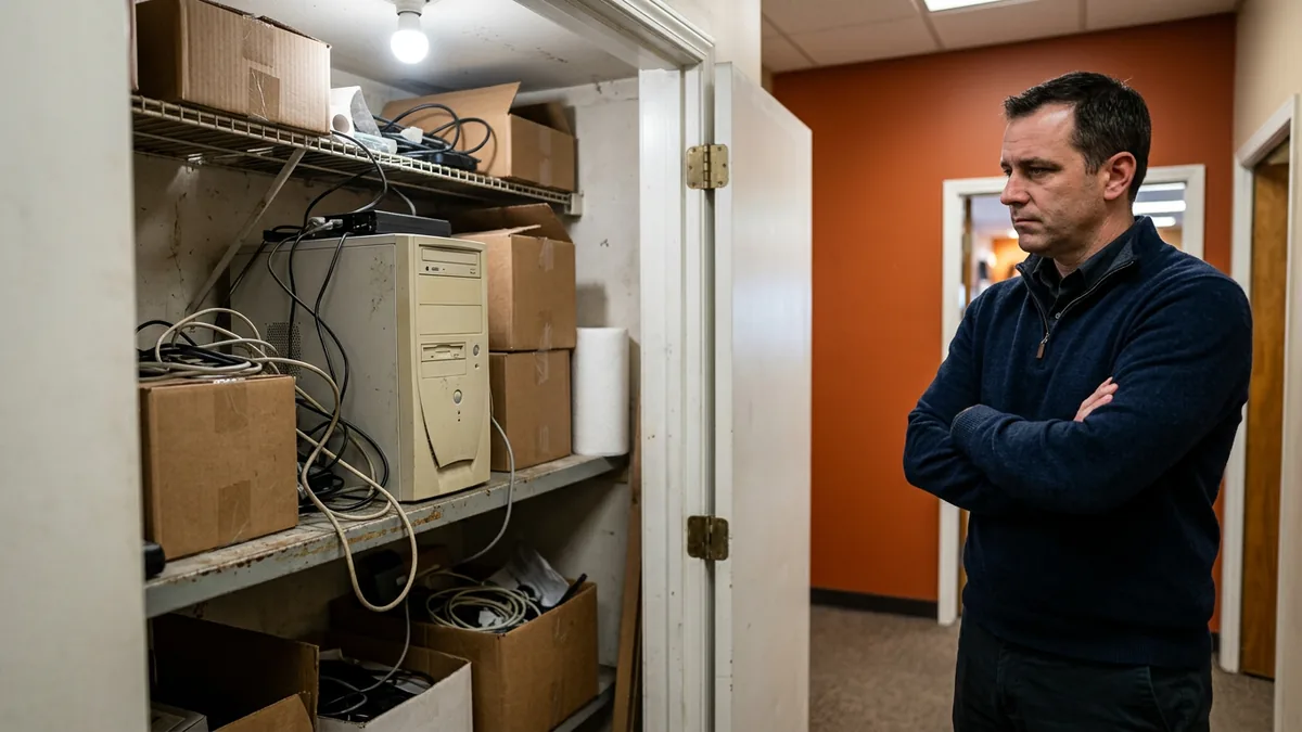 IT advisor looking skeptically at a desktop tower computer on a shelf in a dealership storage closet, the in-house AI server setup to avoid
