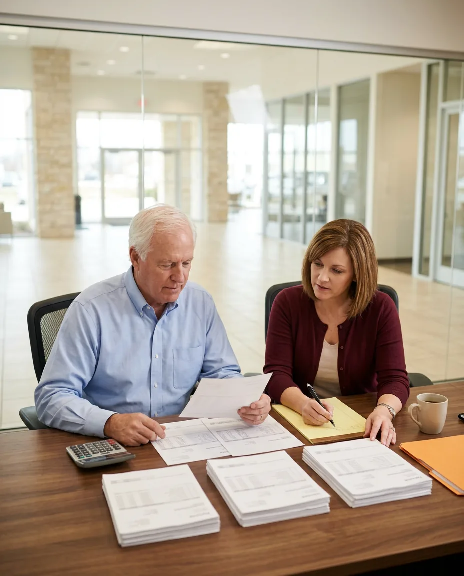 Dealer principal and controller sorting printed IT and phone vendor invoices into piles at a desk beside the showroom