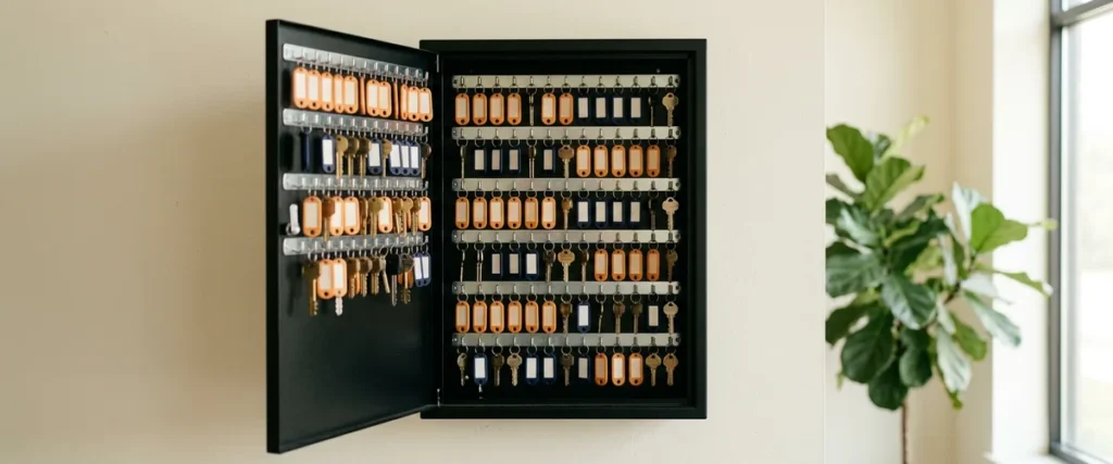 Open key control cabinet with every key hung in order on its hook