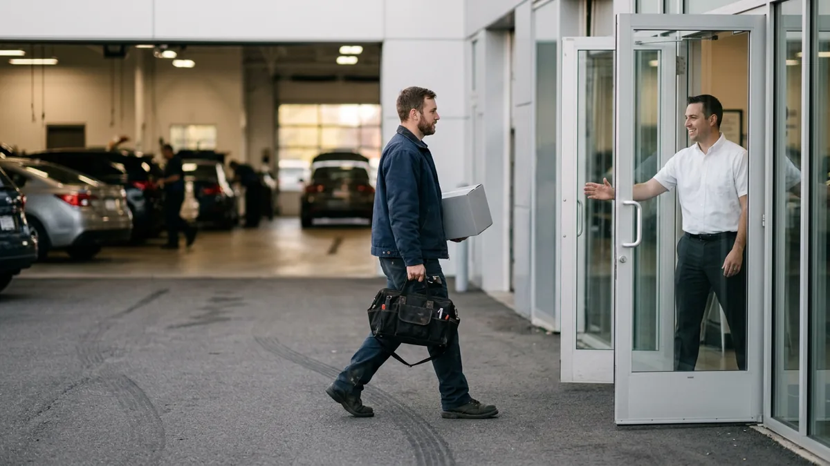 IT field technician arriving at a car dealership service entrance on a Saturday morning to restore a store outage