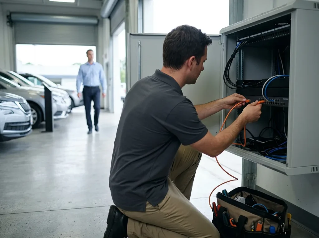 IT field technician plugging a network cable into a wall-mounted cabinet in a car dealership service drive while a service advisor walks past