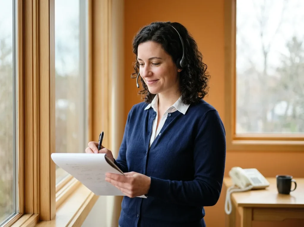 Help desk technician wearing a headset taking notes on a paper notepad during a support call, beside a window in a bright office