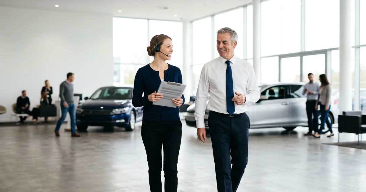 Help desk technician wearing a headset and holding a clipboard walking through a dealership showroom with a sales manager