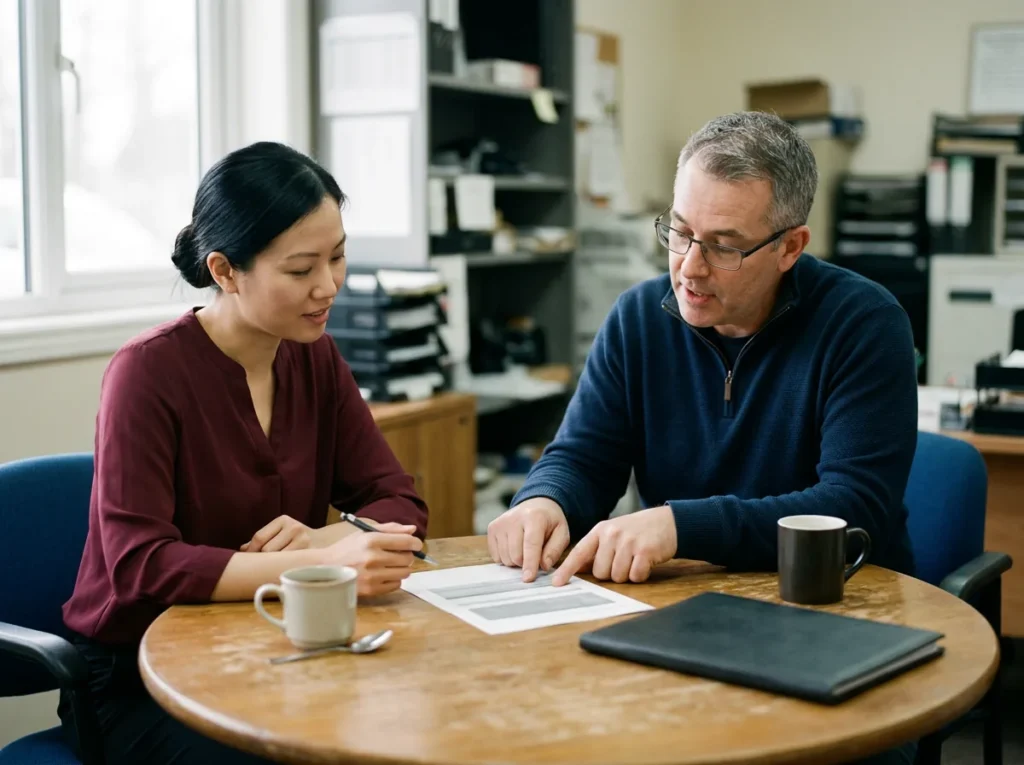 Dealership IT manager pointing at a printed sheet while a help desk team lead takes notes at a round office table