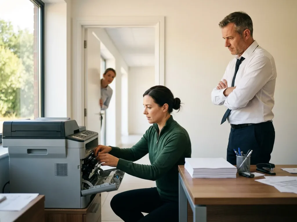 Dealership IT manager fixing a jammed printer in a finance office while a finance manager waits and a coworker leans in from the doorway