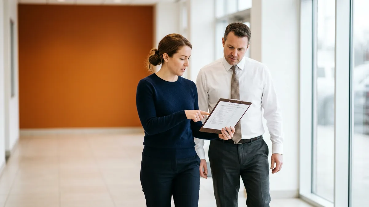 Dealership IT manager walking a sales manager through a printed password and access checklist