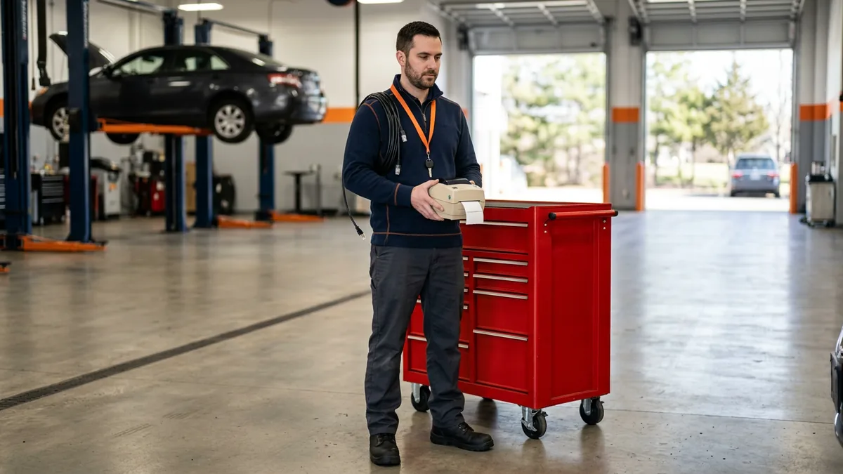 Dealership IT manager holding a replacement label printer in the service shop