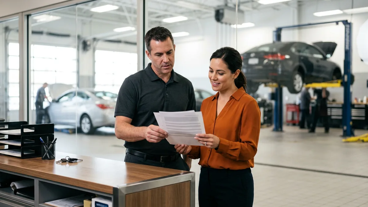 Dealership service director and controller reviewing printed technology costs at the service drive counter to find IT overspending
