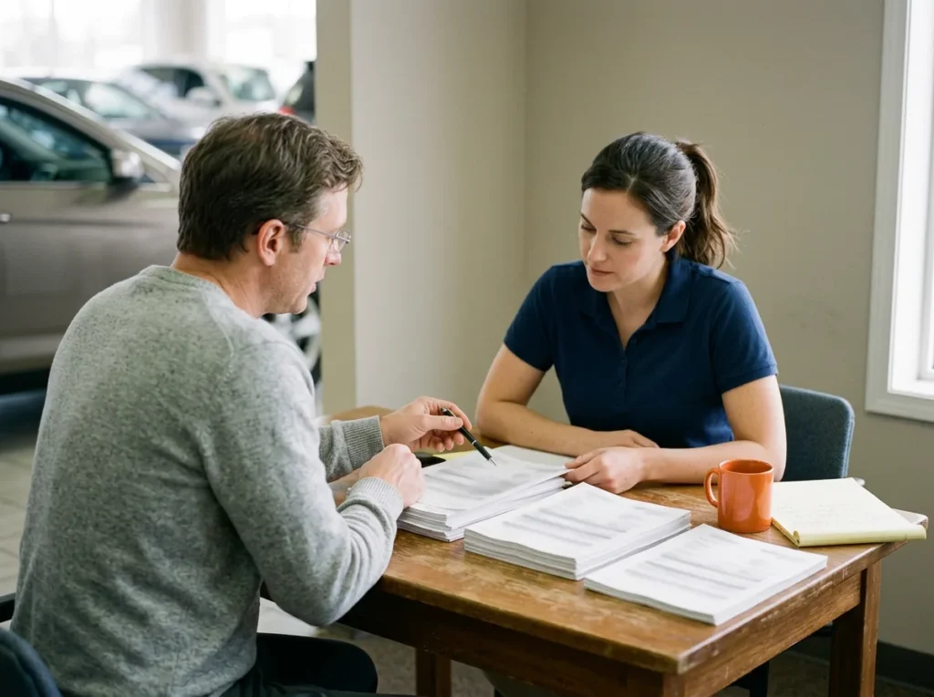 Dealership controller and IT manager reviewing three stacks of printed IT proposals at a small conference table