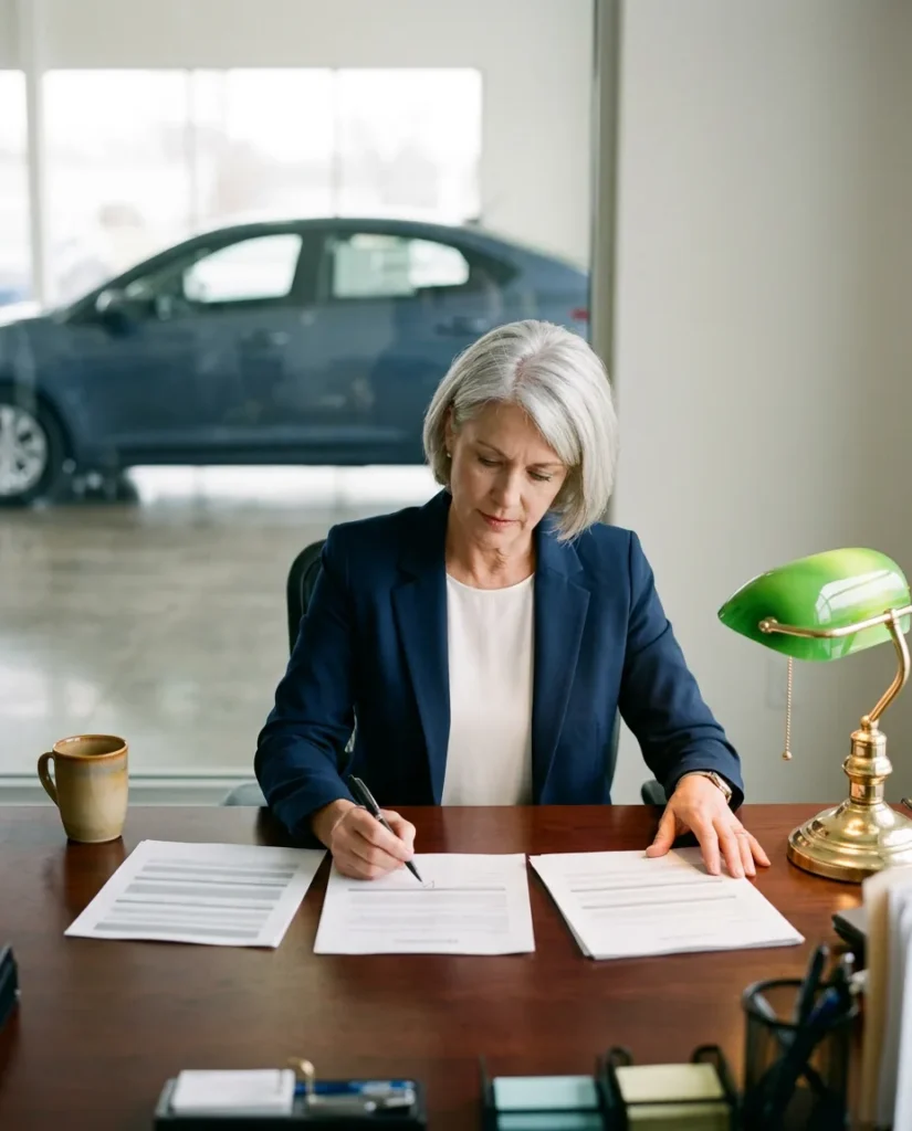 Dealer principal at a wooden desk comparing three printed IT proposals side by side, with the showroom visible through the window behind her