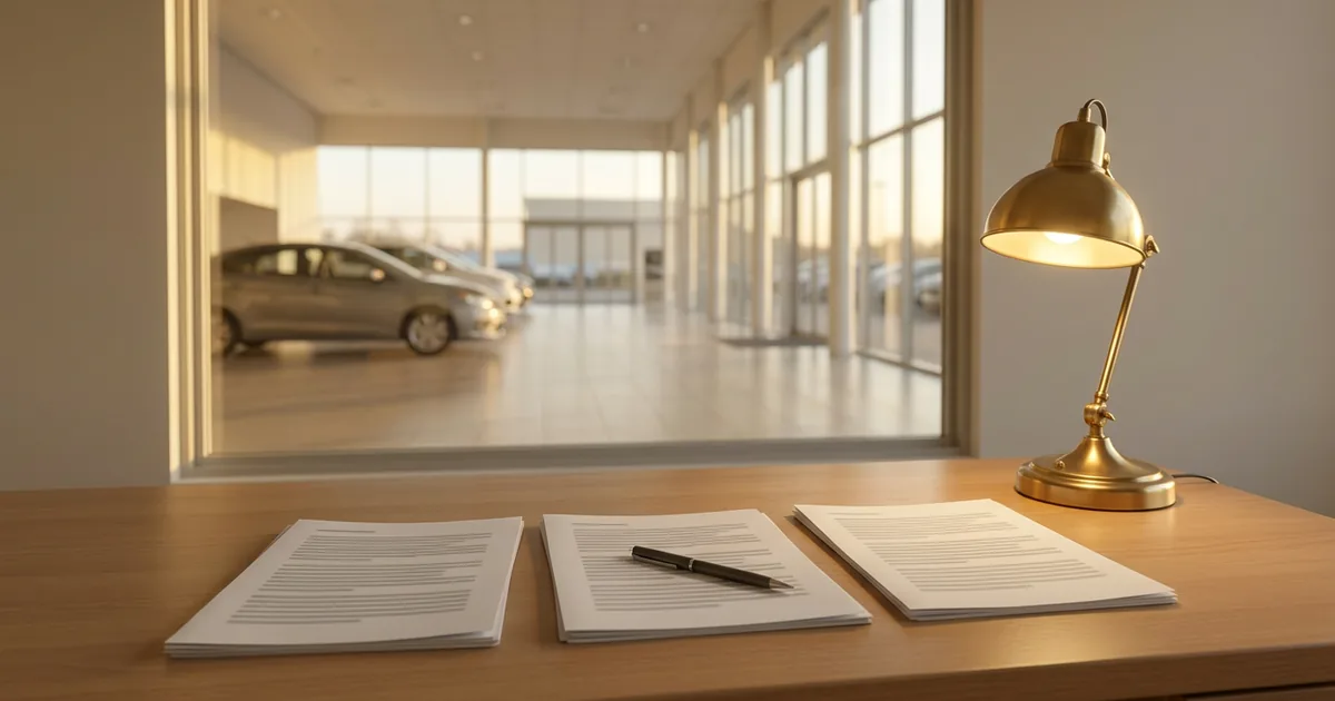 Three printed proposals side by side on a wooden desk beside a brass desk lamp, with the dealership showroom softly blurred behind the glass