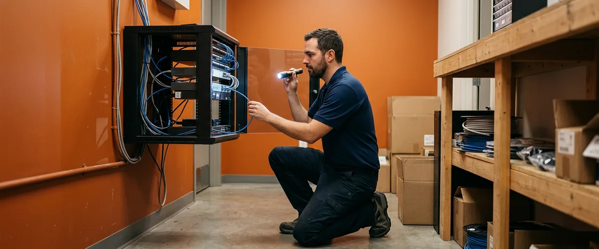 IT field technician following a single network cable with a flashlight to find the root cause of a recurring dealership IT problem