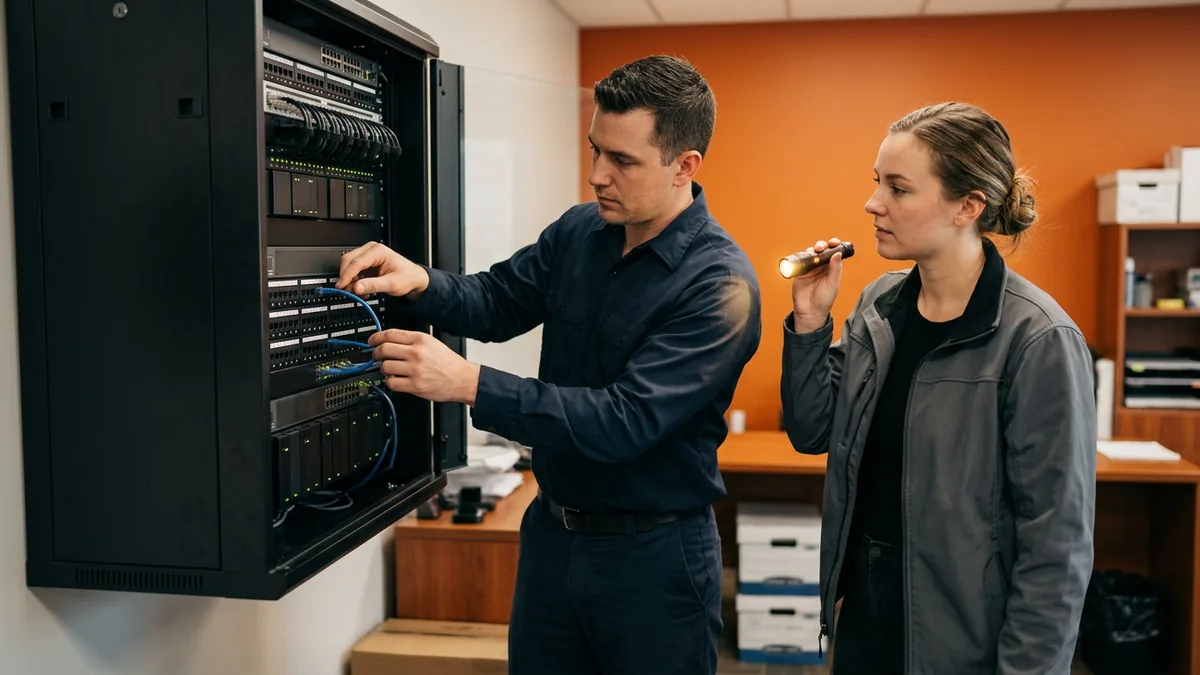 Two IT field technicians tracing a patch cable in a dealership network cabinet to find what is really causing a recurring Wi-Fi drop