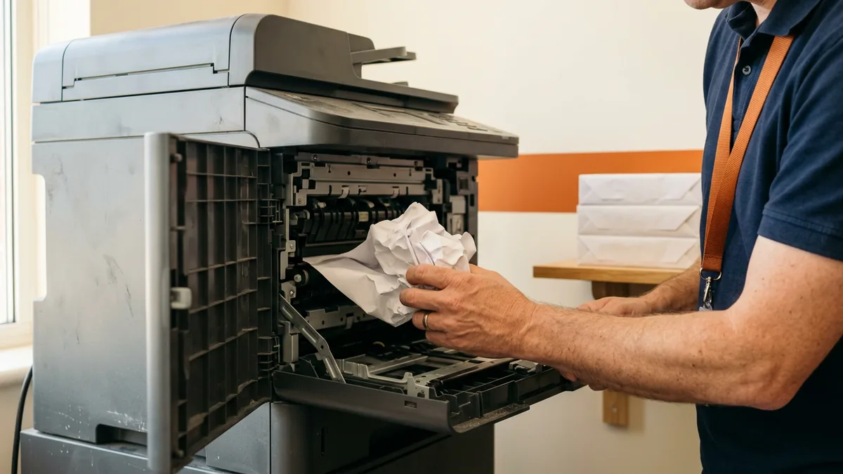 IT technician pulling a jammed sheet out of a dealership service counter printer, the kind of repeat problem root cause analysis is meant to end
