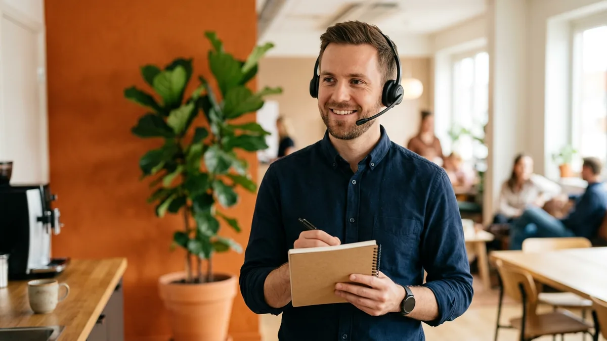 Help desk technician with a headset taking notes on a repeat issue so the service desk can log it as a problem and find the root cause