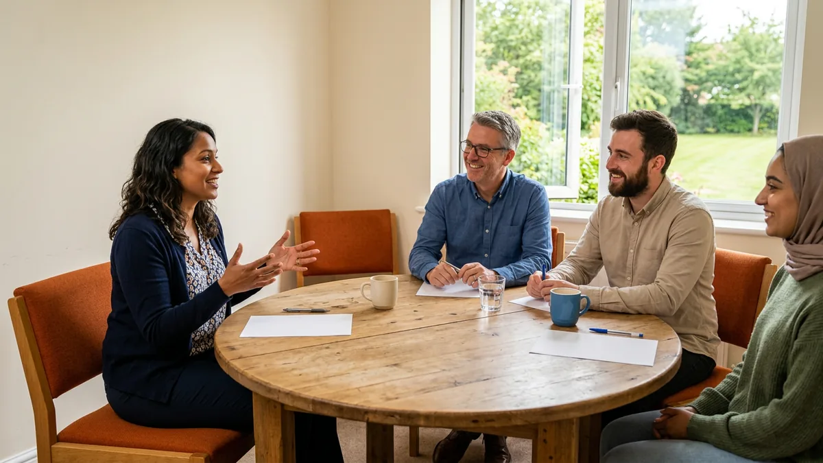 Dealership managers and IT staff in a calm, blameless review of a repeat IT problem, focused on the cause rather than on who made a mistake