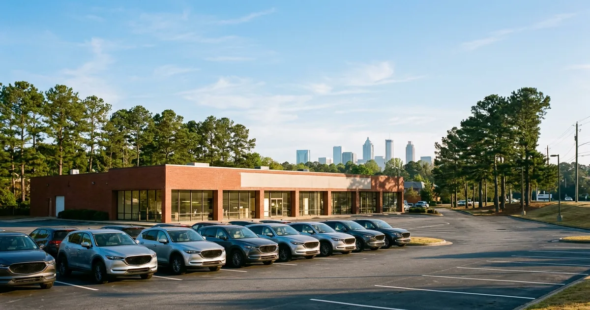 Franchised car dealership with a row of new SUVs out front on a clear morning in suburban Atlanta, with pine trees and the city skyline in the distance