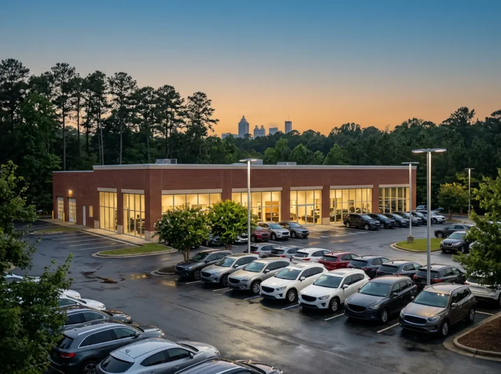 Franchised car dealership at dusk in the wooded suburbs north of Atlanta, with rows of new SUVs on the lot and the city skyline above the pine trees