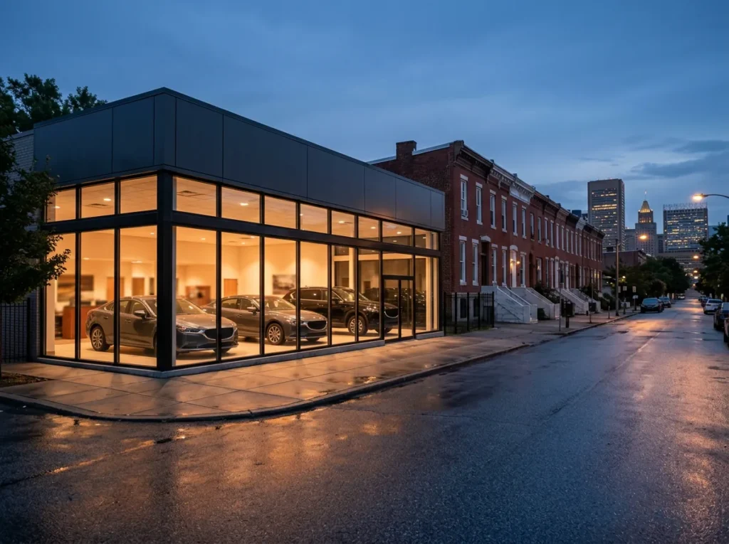 Car dealership showroom glowing at dusk on a Baltimore street lined with brick rowhouses, with downtown towers in the distance