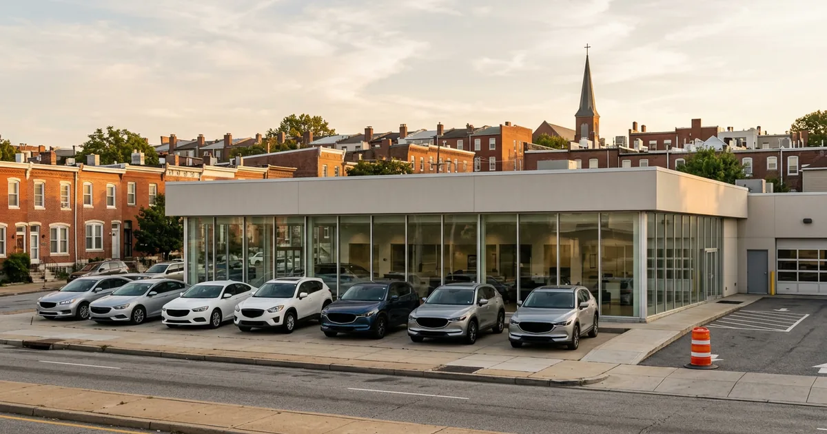 Franchised car dealership with new cars out front in a Baltimore neighborhood of brick rowhouses at golden hour