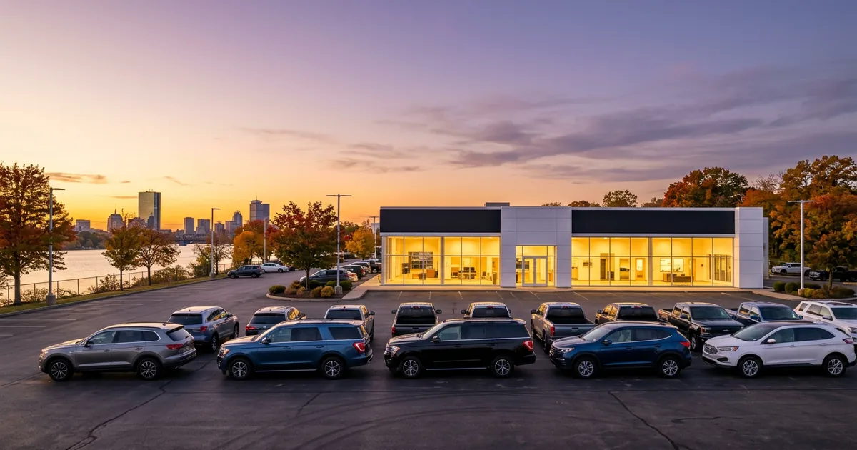 Franchised car dealership at sunset in autumn with rows of new SUVs and pickup trucks and the Boston skyline across the river in the distance