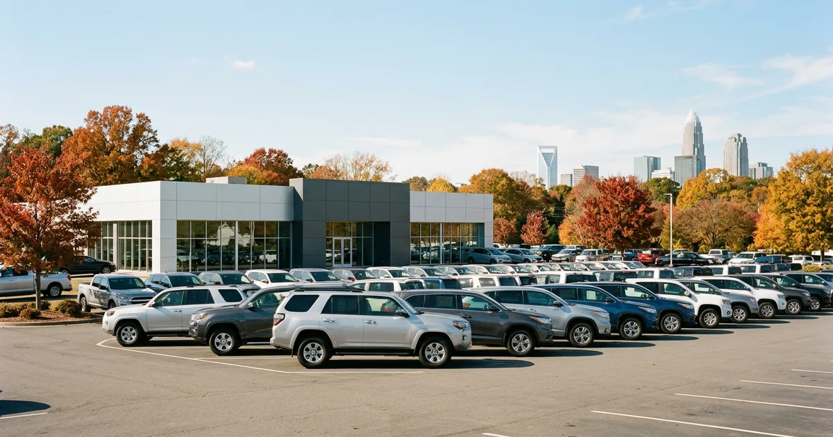 Franchised car dealership with rows of new SUVs on a sunny autumn day, with the uptown Charlotte skyline in the distance