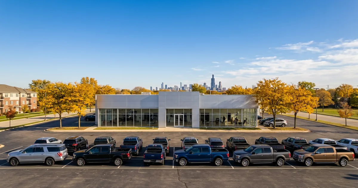 Franchised car dealership with rows of new pickup trucks and SUVs on a sunny autumn day, with the downtown Chicago skyline in the distance