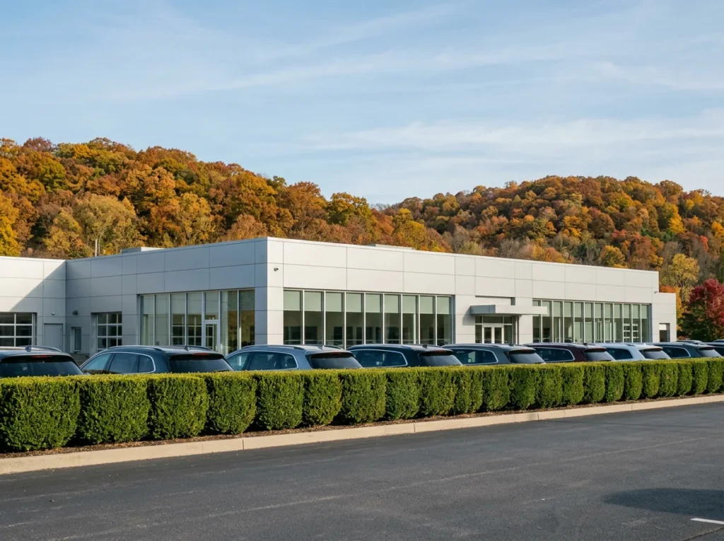 Franchised car dealership in the hilly suburbs of Cincinnati with new SUVs parked behind a trimmed hedge and wooded hills in autumn color behind the showroom