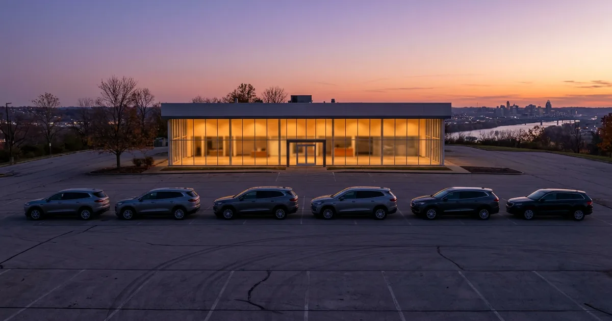 Franchised car dealership at dusk on a Northern Kentucky hilltop with new SUVs in a row and a city skyline across the Ohio River