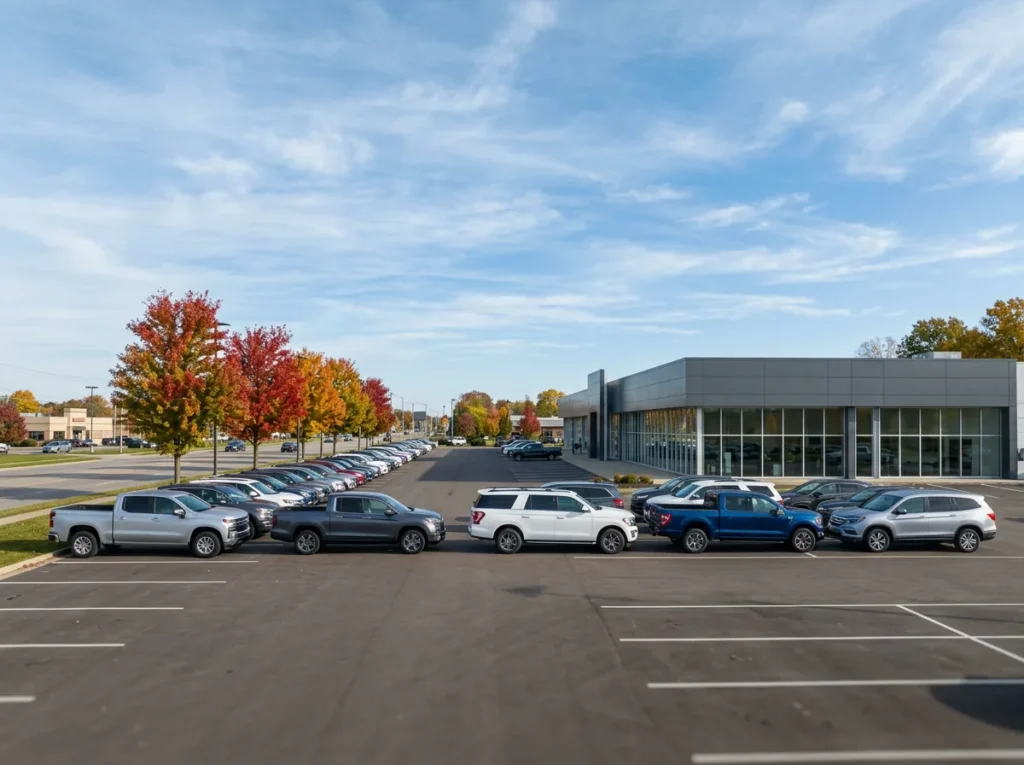 Franchised car dealership in the Cleveland suburbs with a row of new SUVs and pickups and red and orange maple trees along the lot