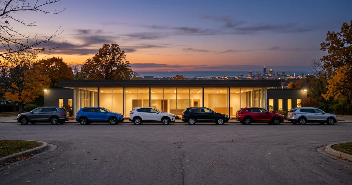 Franchised car dealership at dusk with new SUVs parked in a row and the Cleveland skyline on the horizon over Lake Erie