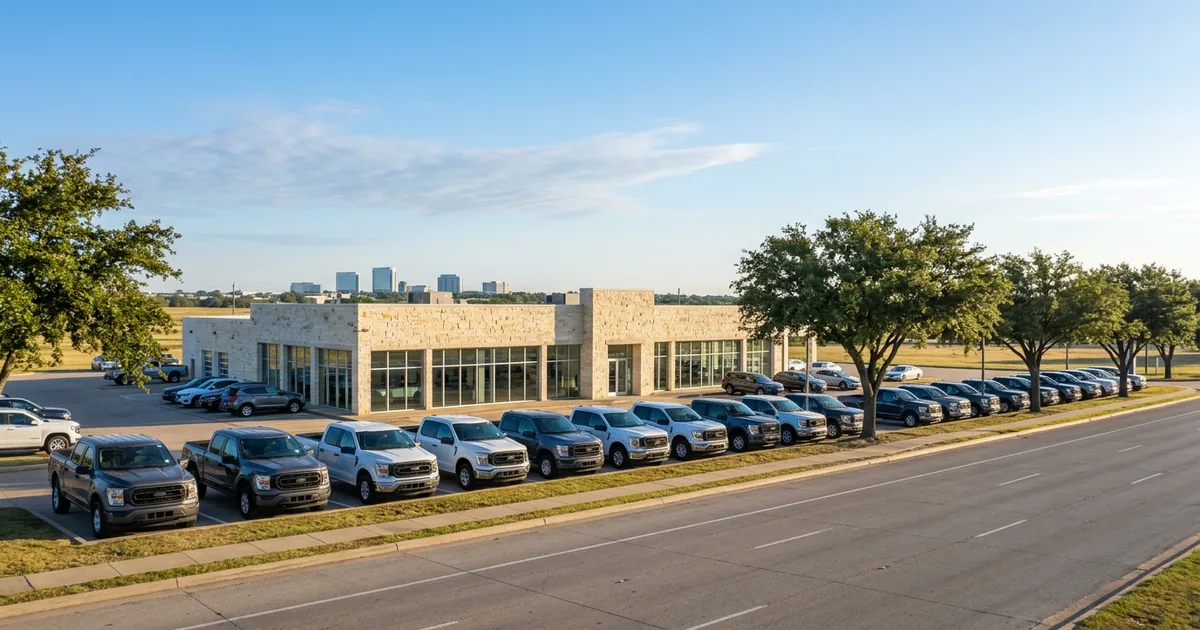 Franchised car dealership with a row of new pickup trucks out front on a clear morning in North Texas, with a low city skyline in the distance