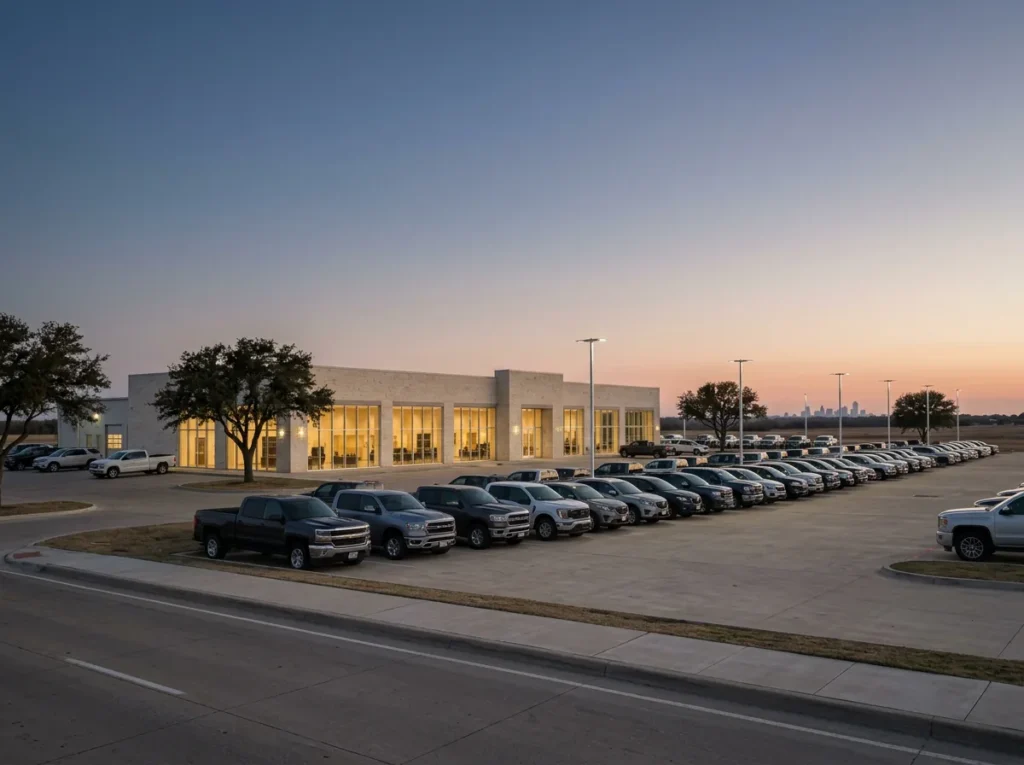 Franchised car dealership at dusk on the North Texas prairie, with rows of pickup trucks on the lot and a distant city skyline on the horizon