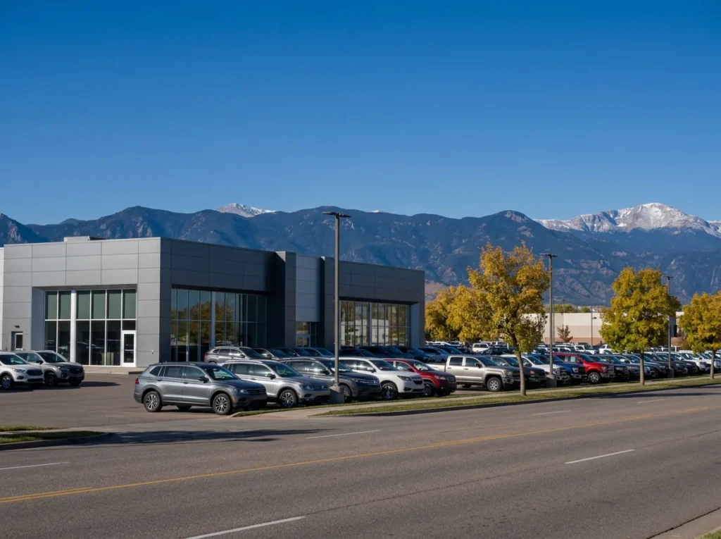 Franchised car dealership in the south Denver suburbs with rows of new SUVs and pickups, golden cottonwoods and the snow-capped Front Range behind it