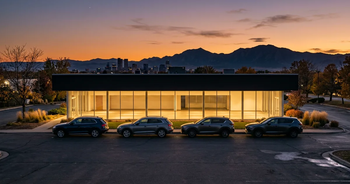 Franchised car dealership at dusk with rows of new SUVs and pickups, the Denver skyline and the Rocky Mountains silhouetted behind it