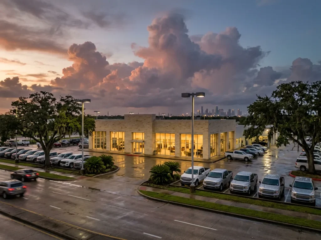 Franchised car dealership at dusk after a Gulf Coast rain, with pickup trucks on the wet lot and the Houston skyline on the horizon