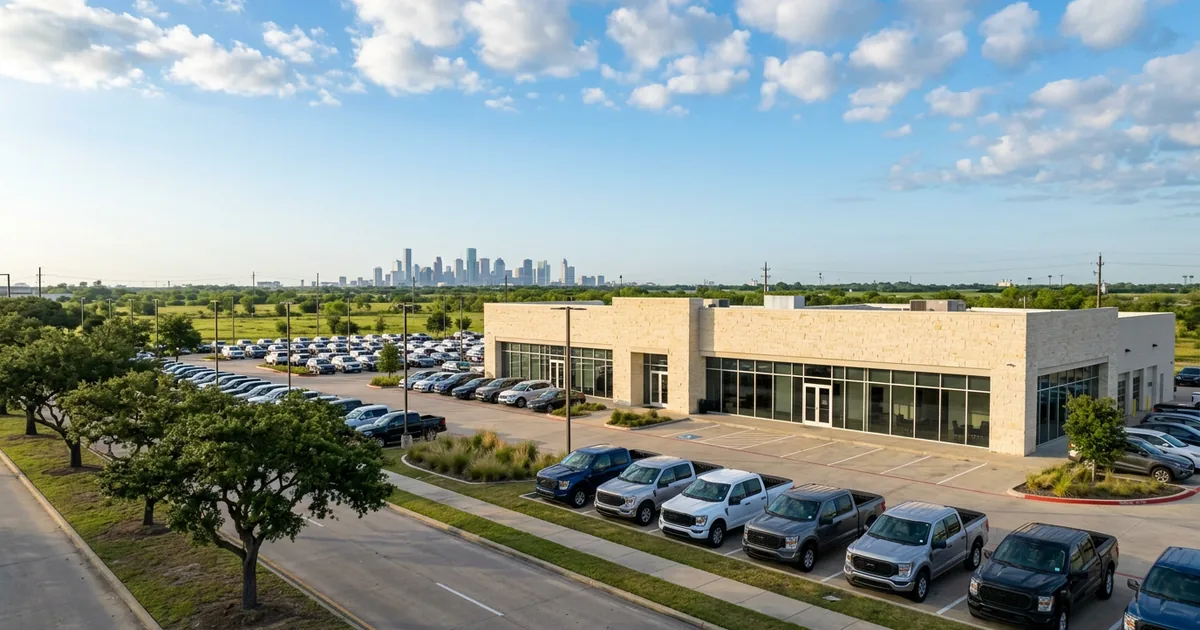 Franchised car dealership with a row of new pickup trucks out front on a clear morning, with the Houston skyline in the distance