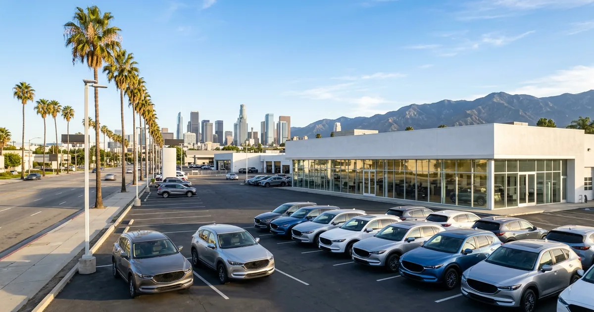 Franchised car dealership with rows of new SUVs out front on a clear morning in Los Angeles, with palm trees, the downtown skyline and mountains in the distance
