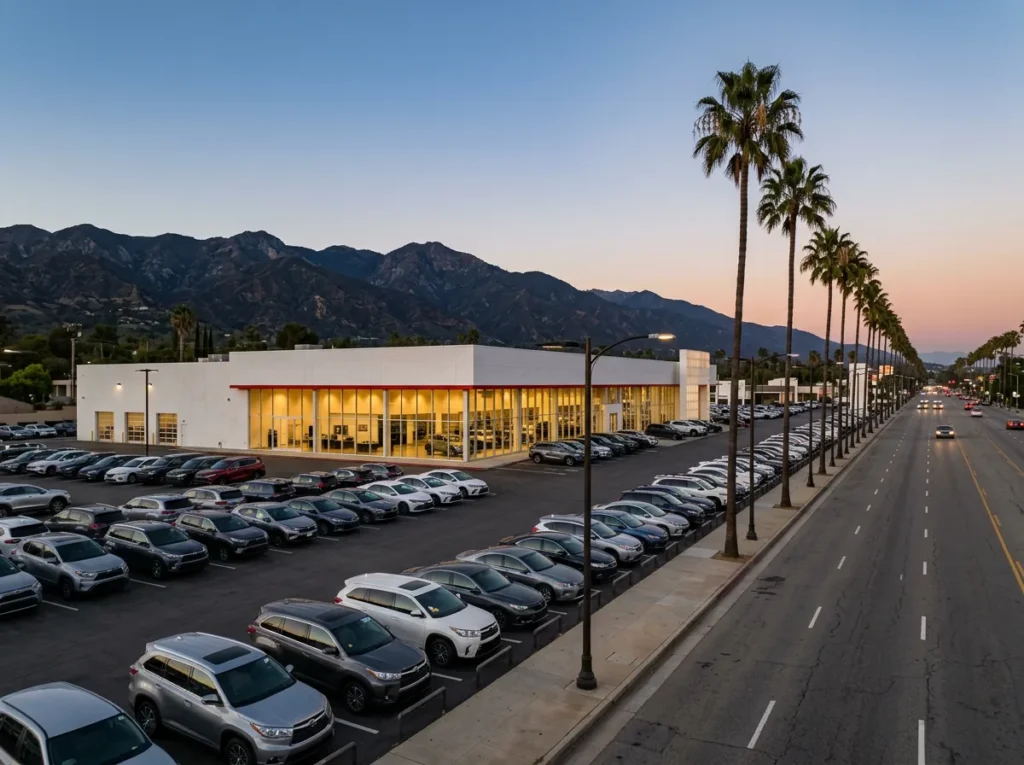 Franchised car dealership at dusk on a palm-lined boulevard in the San Fernando Valley, with rows of new cars on the lot and the San Gabriel Mountains behind it