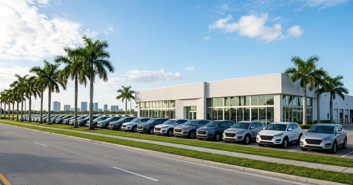 Franchised car dealership with a row of new SUVs out front on a clear morning in South Florida, with royal palm trees and a city skyline in the distance