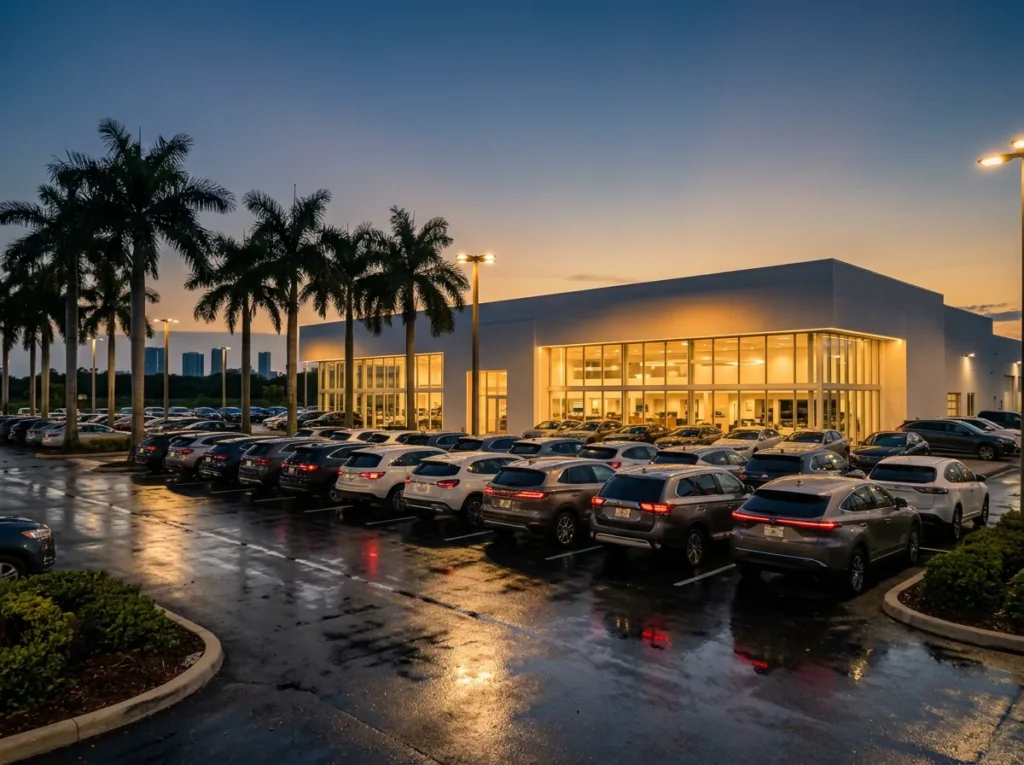 Franchised car dealership at dusk in South Florida, with rows of new SUVs on a rain-wet lot, royal palm trees and the Miami skyline on the horizon