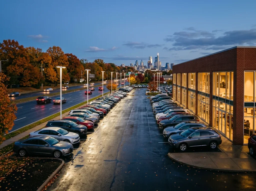 Franchised car dealership of red brick and glass at dusk on a suburban road outside Philadelphia, with autumn trees and a distant city skyline
