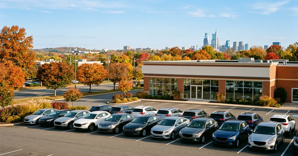 Franchised car dealership with a row of new cars out front on a clear autumn morning in the Philadelphia suburbs, with a low city skyline in the distance