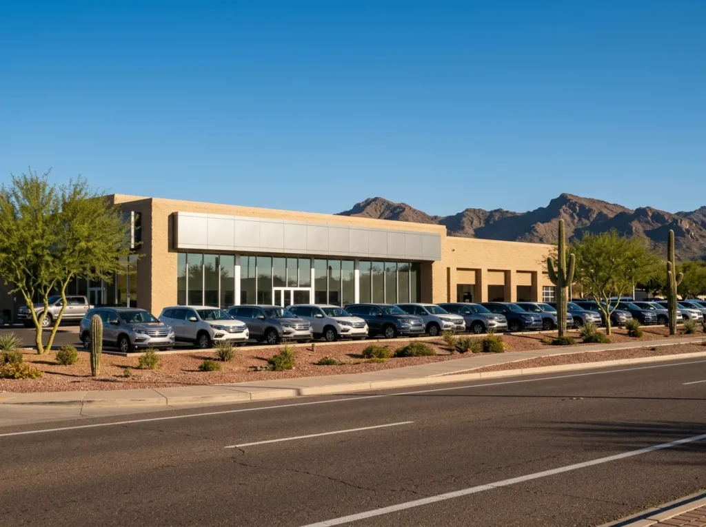 Franchised car dealership in the Phoenix suburbs with a sand-colored stucco showroom, saguaro cactuses and palo verde trees along the lot and a desert mountain ridge behind it