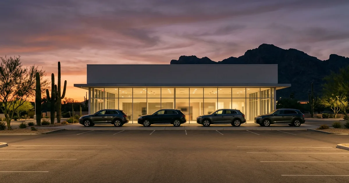 Franchised car dealership at dusk with SUVs parked in front of a glowing glass showroom, saguaro cactuses and desert mountains silhouetted against an orange and violet sky