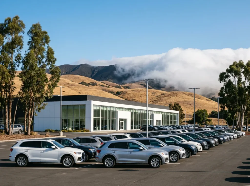 Franchised car dealership on the San Francisco Peninsula with rows of new SUVs, eucalyptus trees and golden hills behind the showroom as fog spills over the ridge