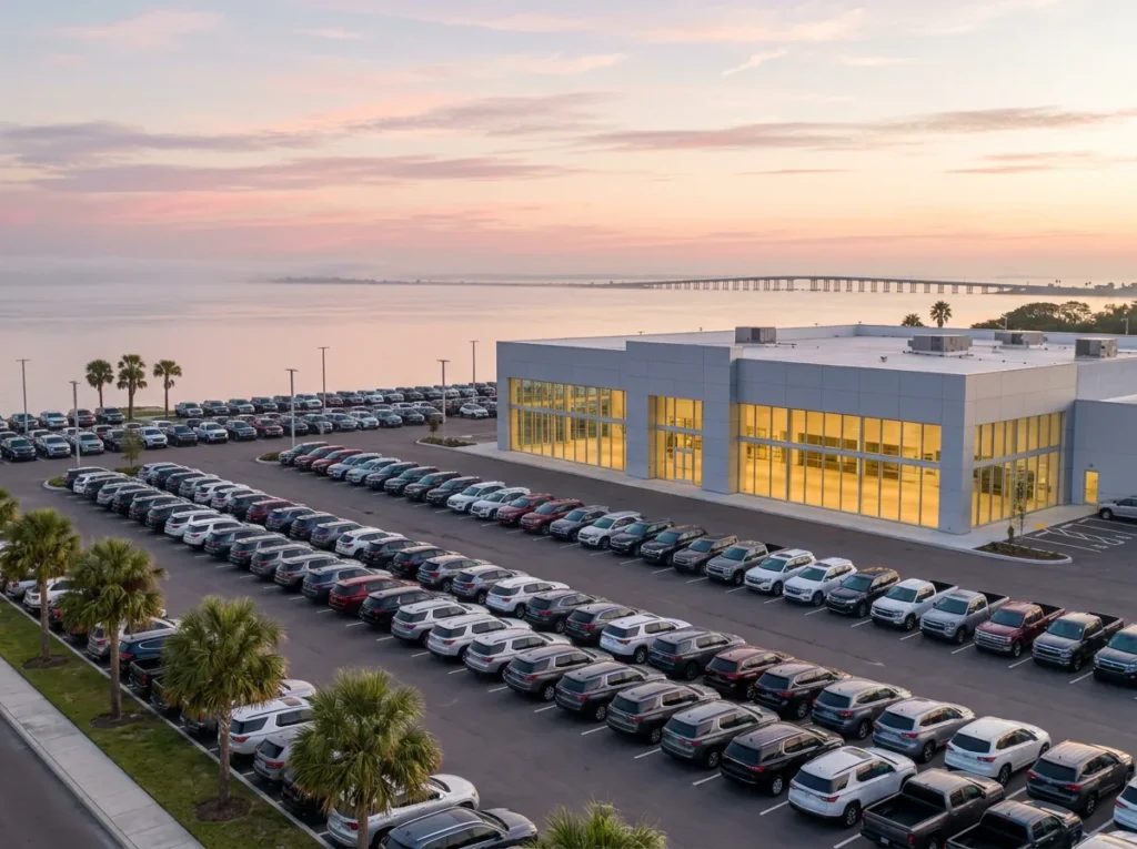 Franchised car dealership at sunrise beside Tampa Bay, with rows of new SUVs and pickup trucks, sabal palms and a long causeway bridge across the water