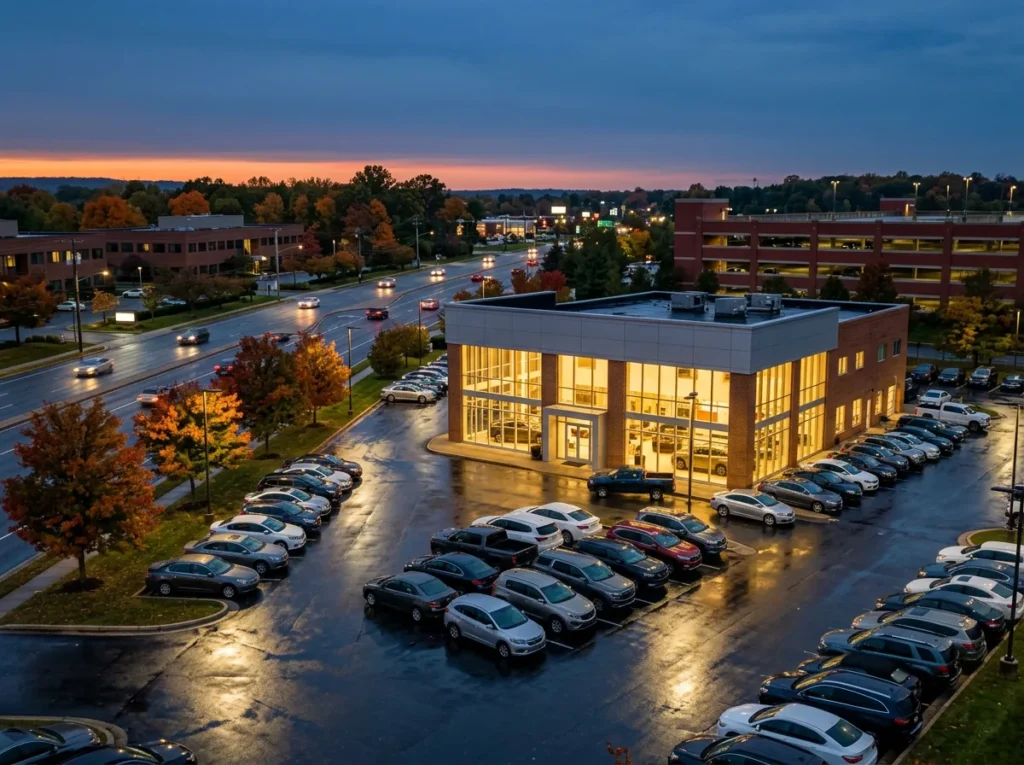 Franchised car dealership at dusk on a suburban commercial road outside Washington, DC, with new cars on a rain-wet lot and autumn trees along the road