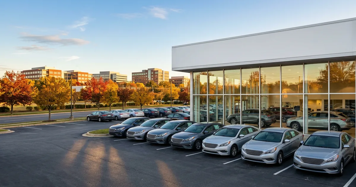 Car dealership showroom and front lot on an autumn morning in the Washington, DC suburbs, with office buildings in the distance
